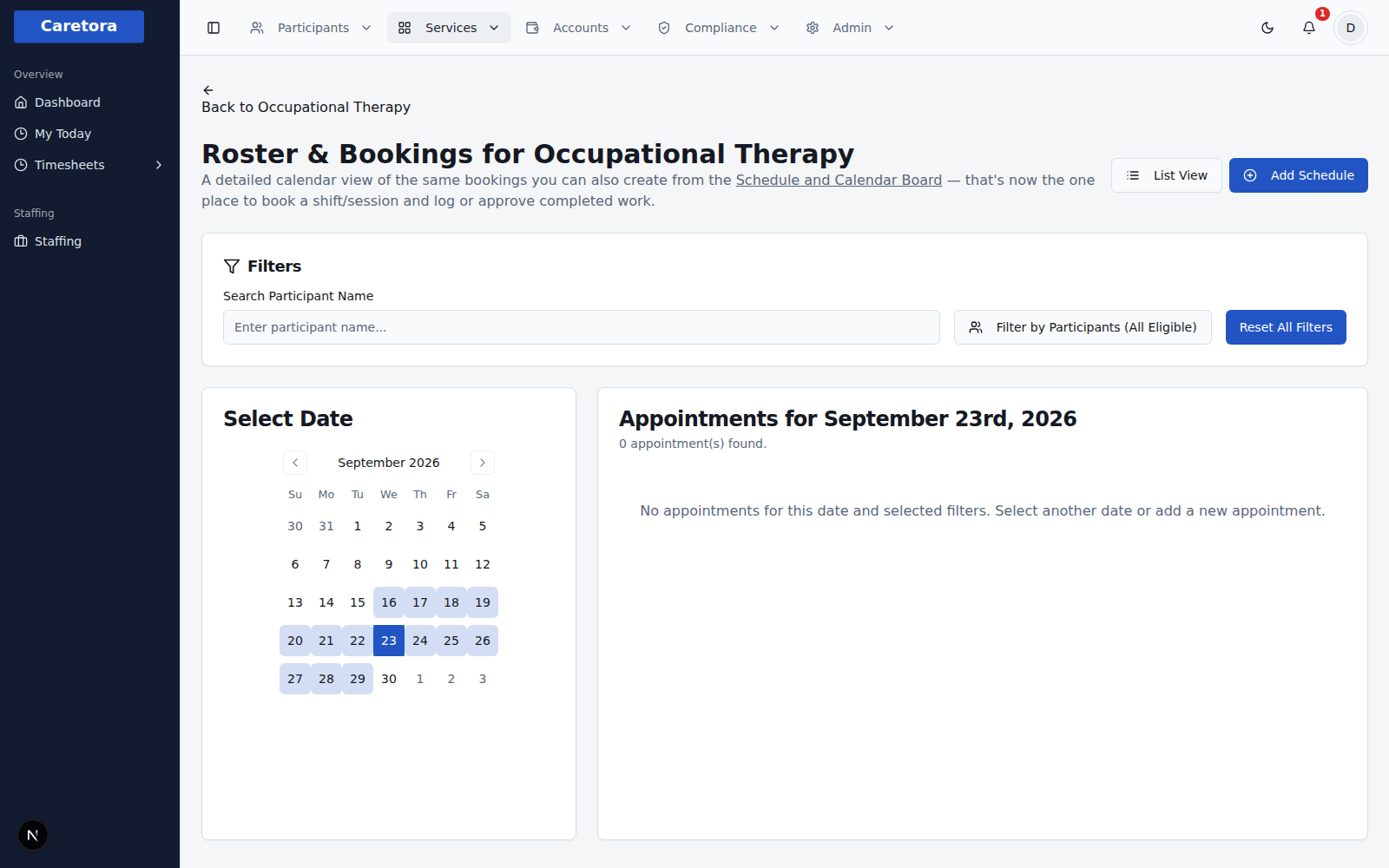 The Roster and Bookings calendar for Occupational Therapy, with a date picker and participant filters